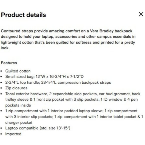 Vera Bradley Quilted Patchwork Multicolor Backpack School Travel Bag - Picture 5 of 5